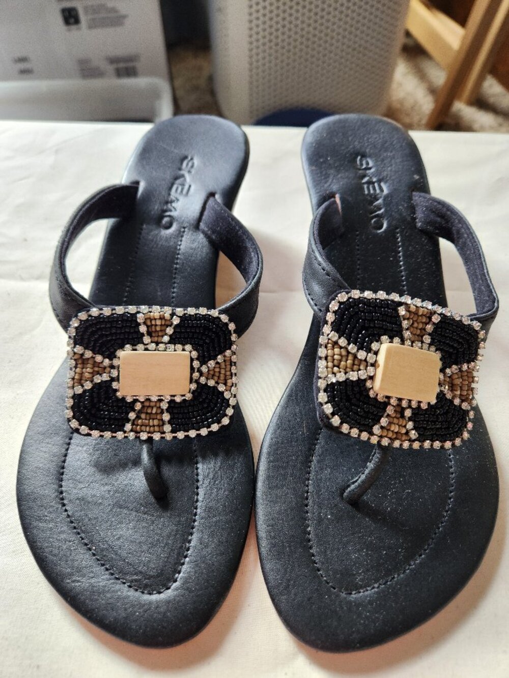 Skemo Black Beaded Thong Wedge Sandals Womens 7